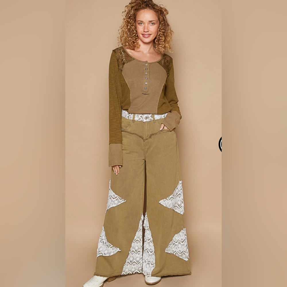 POL Olive and White Wide-Leg Pants